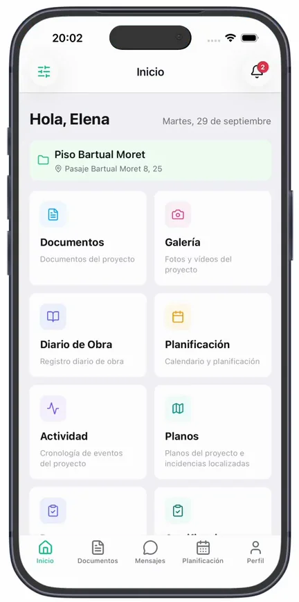 La tarjeta «Actividad» («Cronología de eventos del proyecto») en el inicio de la app
