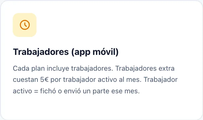 El recuadro «Trabajadores (app móvil)» de la página de precios: los trabajadores extra cuestan 5 € por trabajador activo al mes, y trabajador activo es quien fichó o envió un parte ese mes