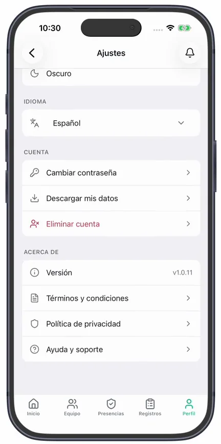 «Ajustes» en la app, con la sección «Cuenta»: «Cambiar contraseña», «Descargar mis datos» y «Eliminar cuenta»