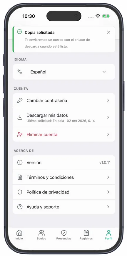 El aviso «Copia solicitada» y, bajo «Descargar mis datos», «Última solicitud: En cola» con la fecha y la hora