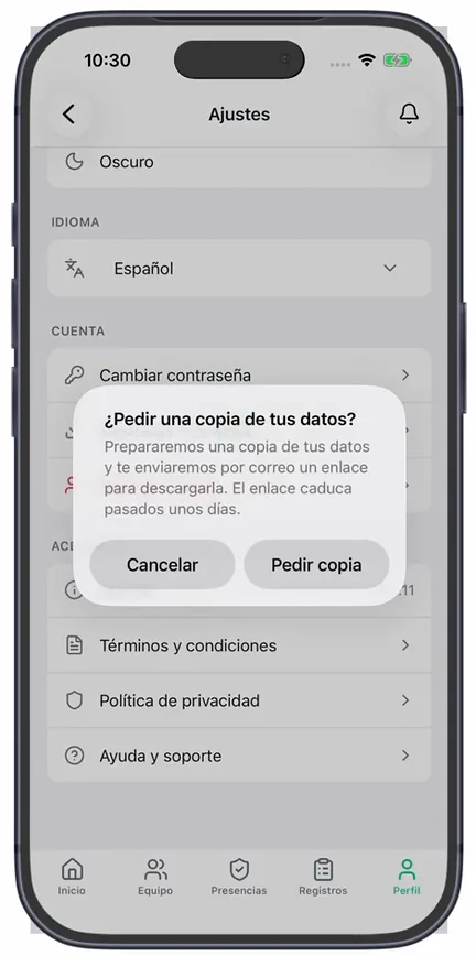 El aviso «¿Pedir una copia de tus datos?», que explica que el enlace llega por correo y caduca pasados unos días, con «Cancelar» y «Pedir copia»